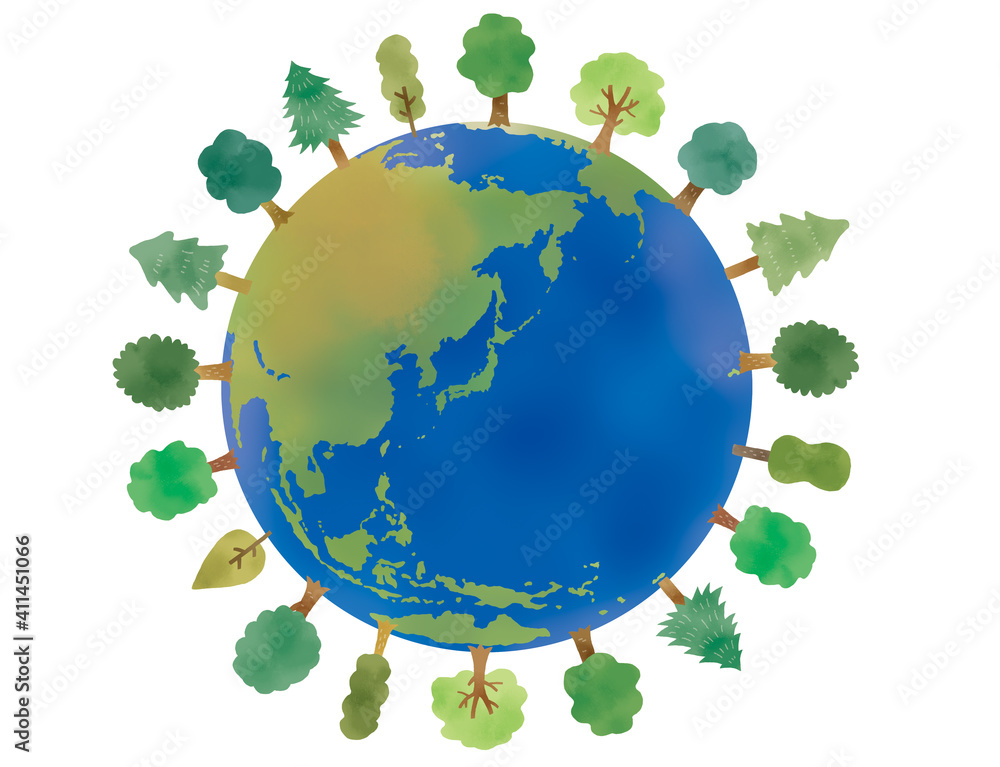 日本が中心の地球と木のイラストstock Illustration Adobe Stock
