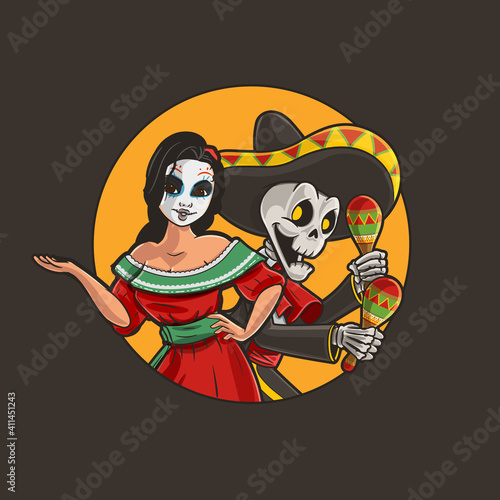 woman and skeleton logo mascot Mexico