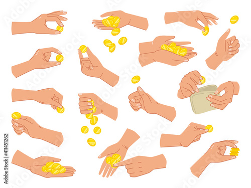 Coins and cash in hands, isolated set of palms with wallets of money for paying. Giving loan, saving financial assets or exchanging, wealthy person with metals. Flat cartoon style vector illustration