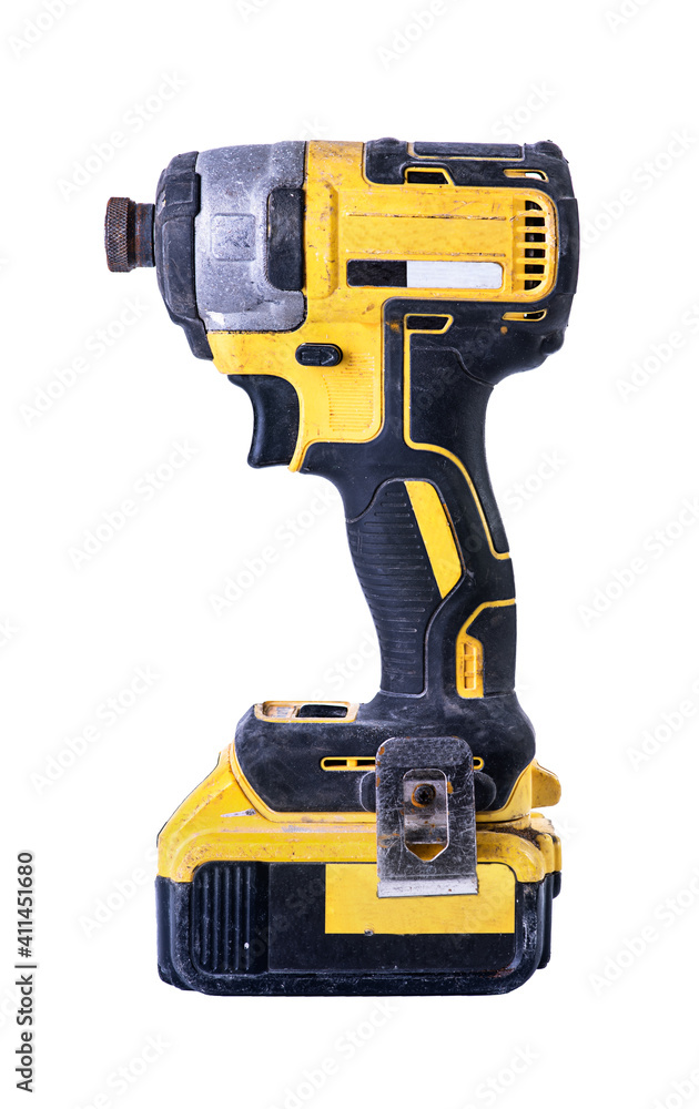 Cordless battery powered drill isolated on white background.