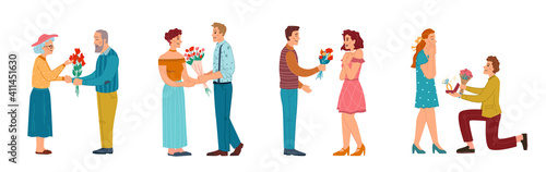 Male personages giving flowers to women, isolated man proposing to marry him. Dating and celebrating anniversary. Guys with bouquets and engagement ring. Cartoon characters, vector in flat style
