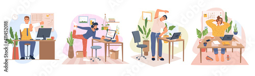 Employees working from home or office stretching and doing small exercises at workplace to get rest and relaxation. Removing tension and muscle soreness. Cartoon characters, vector in flat style © Sensvector