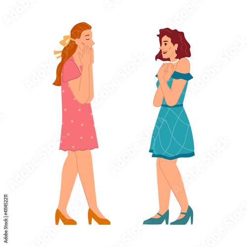 Talking women showing surprise and excitement, isolated people chatting. Positive emotions of charming ladies, emotional girls delighted and pleasantly surprised. Cartoon characters, vector in flat