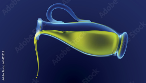 Bottle of extra virgin olive oil, pouring olive oil ingredient of mediterranean cuisine, glass amphora of olive oil, transparent vector object on blue dark background