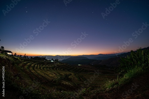 Rice terraces in the evening after sunset, the stars fade in the twilight. Pa Bong Pieng, Chiang Mai, Thailand