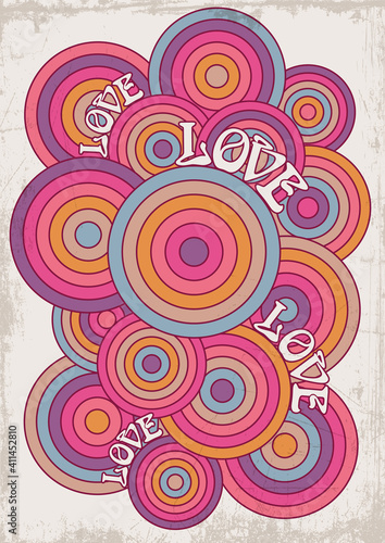 1960s, 1970s Background, Hippie Style Love Illustration, Psychedelic Colors, Grunge Texture