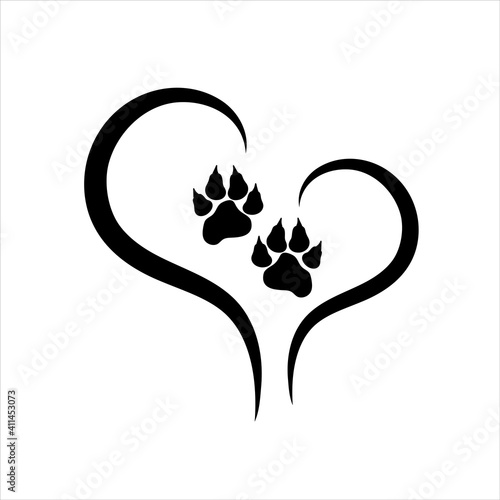 Vector illustration of heart with dogs paw. Symbol of pet, care and love for animals.