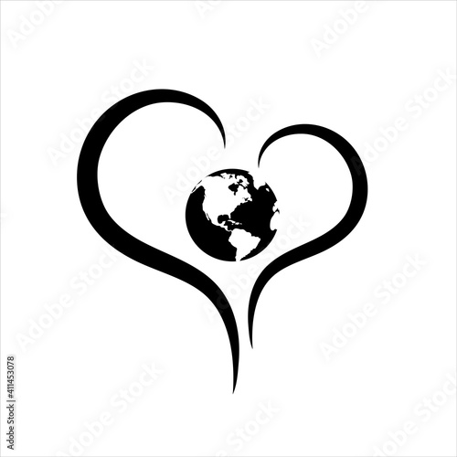 Vector illustration of heart with planet earth. Symbol of environment, world and care.