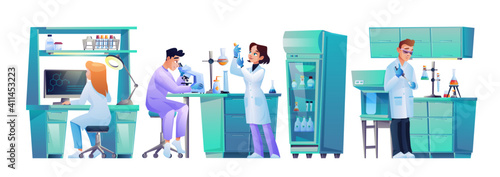 Set of laboratory assistants working at computer, conducting experiments with test tubes and microscope, scientific workers. Vector man and woman scientists research dna cells, creating covid vaccine