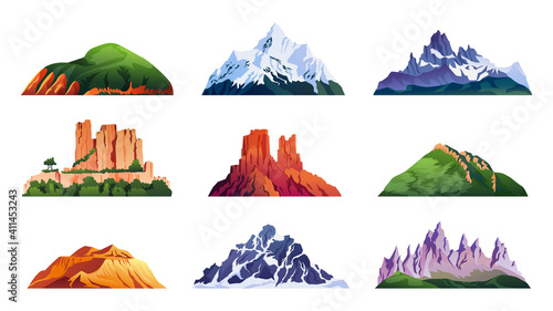 Mountain ridges set isolated iceberg tops and hills, cartoon rocky landscapes. Vector snowy alpine cliffs, climbing and hiking sport symbols. China and Japan mounts, volcano craters and ranges