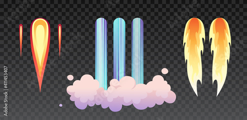 Rocket fire and smoke trails, airplane shuttle contrails isolated set on transparent. Vector realistic spacecraft startup launch. Space rocket start, jet fire flames, airplane shuttle contrails