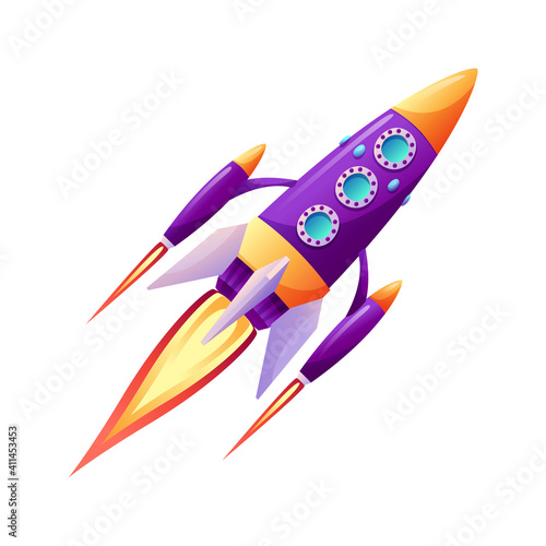 Space ship launch rocket with fire trace at startup isolated cartoon icon. Vector spacecraft liftoff, booster in flight. Takeoff of rocketship, spacecraft on speed. Start of business, new project