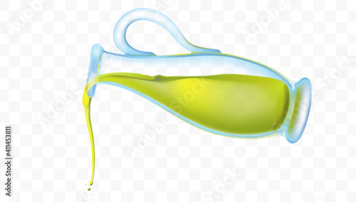 Bottle of extra virgin olive oil, ingredient of mediterranean cuisine, glass amphora of olive oil, transparent vector object, realistic illustration