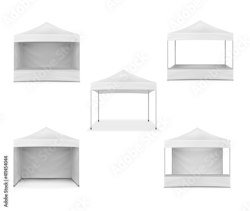 Pop-up gazebo, realistic mockup. White blank canopy tent, mock-up. Event marquee, template. Exhibition outdoor show pavilion. Vector set for design photo