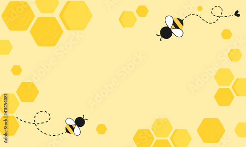 Honeycomb with hexagon grid cells and flying bee cartoon on yellow background vector illustration.