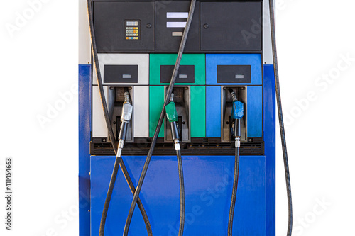 Gray, green and blue color fuel nozzle gasoline dispenser isolated on white background with clipping path