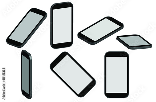 Realistic smartphone mockup at different angles.Template generic device.Set of mobile phones isolated on white background.Vector illustration.