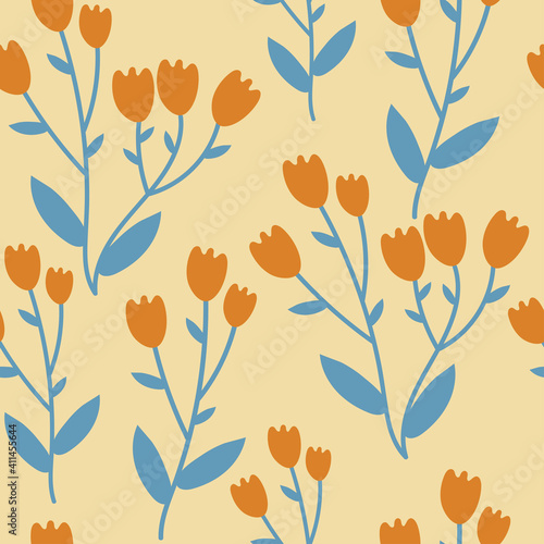 Seamless pattern with cute cartoon flowers and leaves for fabric print, textile, gift wrapping paper. colorful vector for kids, flat style