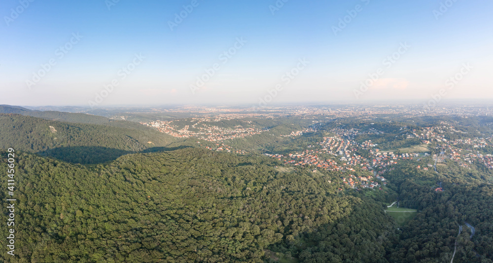 Fototapeta premium Aerial panoramic drone view of Zagreb upper town near Medvednica mountain