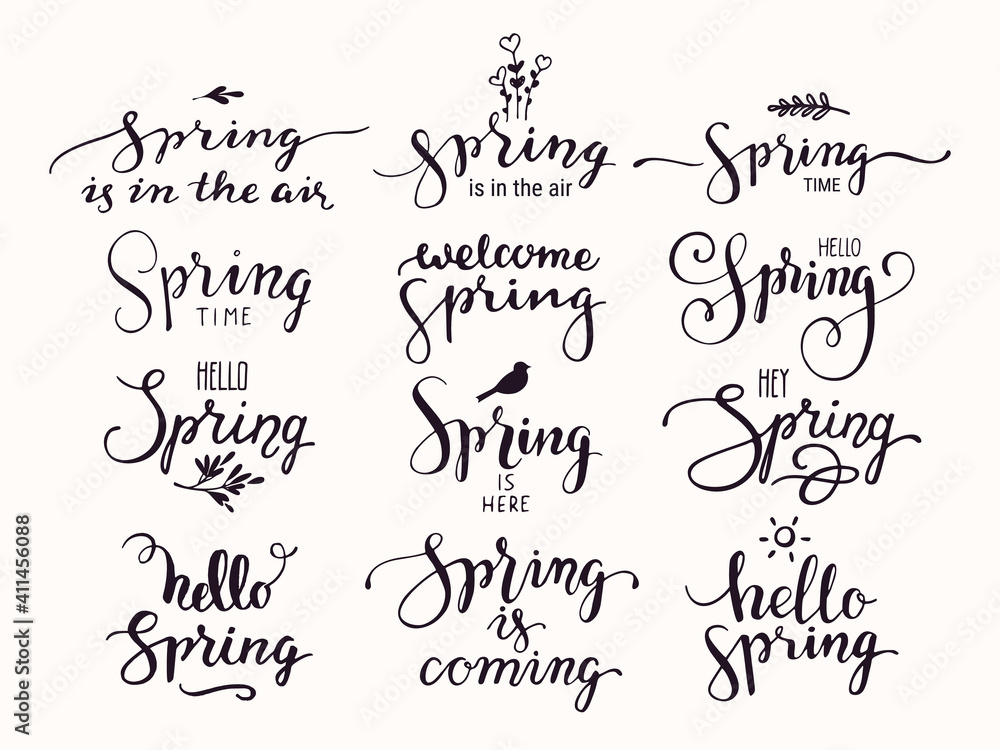 Hello Spring inspirational handwritten lettering, springtime symbols. Modern brush calligraphy and artistic design elements for greeting card, invitation, poster, flyer templates. Isolated vector set. Hello Spring inspirational handwritten lettering, springtime symbols. Modern brush calligraphy and artistic design elements for greeting card, invitation, poster, flyer templates. Isolated vector set.