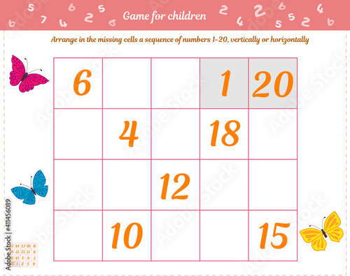  Logic game for children and adults. Place in empty cells horizontally and vertically a sequence of numbers from 1 to 20