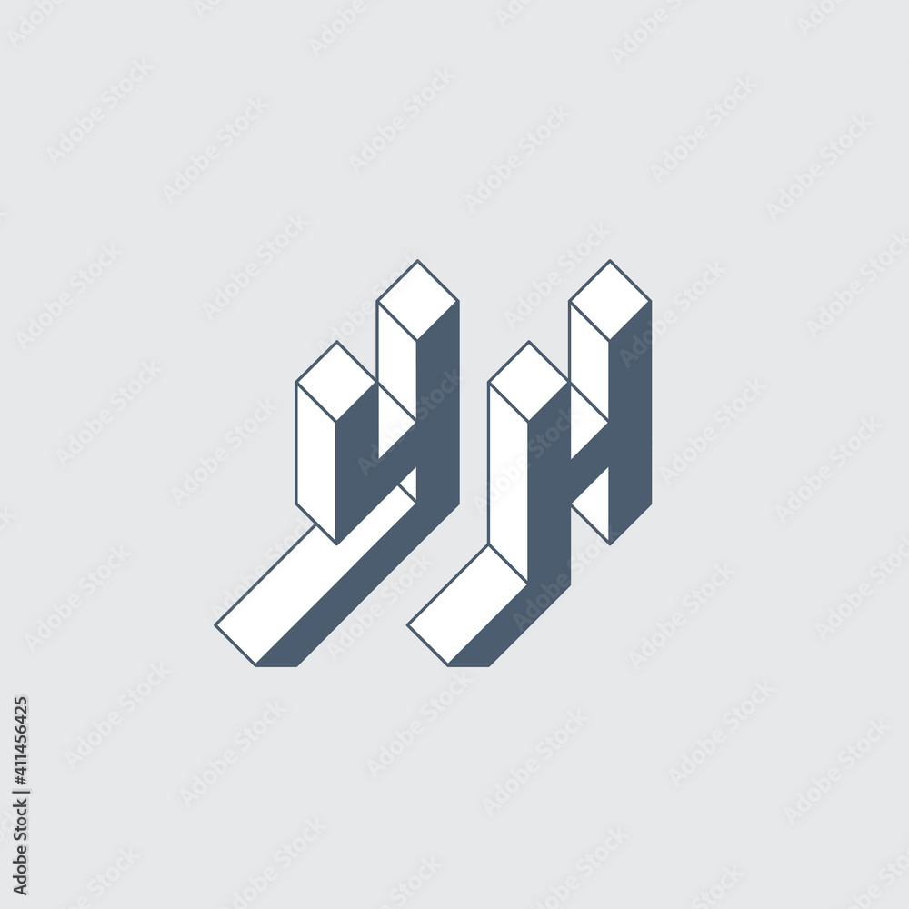 Three-dimension letters Y and H. Isometric 3d font for design. YH - monogram or logotype. Volume alphabet. Three-dimension letters Y and H. Isometric 3d font for design. YH - monogram or logotype. Volume alphabet.