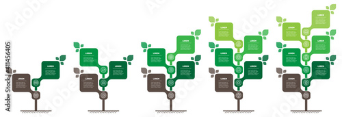 Vertical infographic or timelines with 2, 3, 4, 5 and 6 parts. Tree with leaves. Development and growth of the farming and green technology. Business presentation with three, four steps or processes