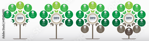 Green infographics in the form of a tree with 5, 7, 9 and 10 parts. Development and growth of the eco business. Timeline of trends. Business presentation concept with four parts, steps or processes.