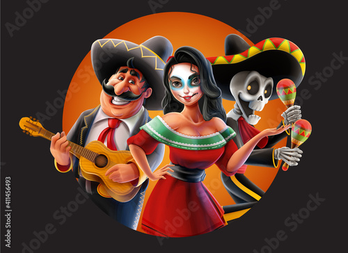 woman and skeleton illustration Mexico