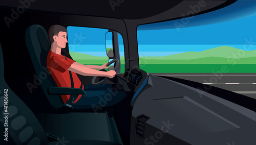 Trucker vector illustration, truck driver sitting in his cab, at the driving wheel, young worker drives the truck along the highway, view from inside the truck cabin © Marco