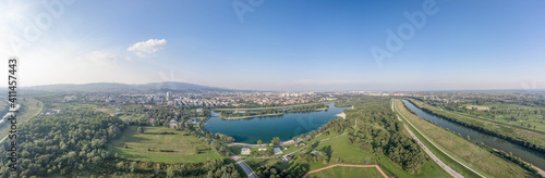 Aerial panoramic view of Jarun water park in southeast Zagreb Croatia