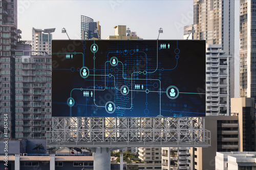 World planet Earth map hologram and social media icons on billboard over panorama city view of Bangkok  Southeast Asia. The concept of people networking and connections.
