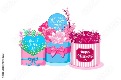 Set of floristic compositions with flowers, letter and gift boxes. Happy Mother's Day greeting card design.