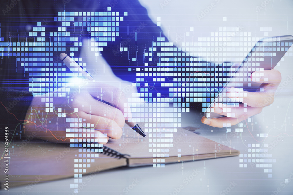Double exposure of business theme sketch hologram and woman holding and using a mobile device. Double exposure of business theme sketch hologram and woman holding and using a mobile device.