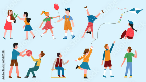 Children play vector illustration set. Cartoon happy boys and girls characters playing different fun games together collection, child flying kite outdoors, holding houseplant, jumping with ball
