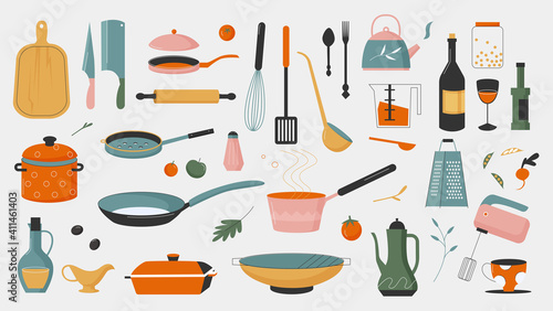 Crockery, kitchenware tools for cooking vector illustration set. Cartoon modern ceramic glass or metal home kitchen utensils cookware collection with colorful cup jug plate pottery, pan teapot