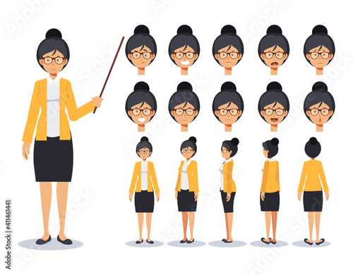 Front, side, back view animated character.Female Teacher Flat Vector Character creation set with various views, Cartoon style, flat vector illustration. Emotion.