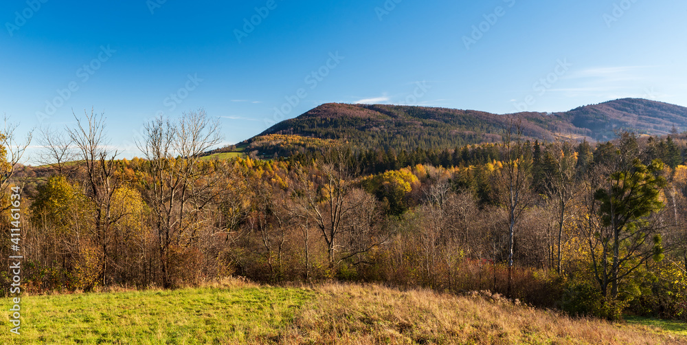 Ostry vrch and Mala Czantoria hills in autumn Slezske Beskydy mountains on czech - polish borderlands Ostry vrch and Mala Czantoria hills in autumn Slezske Beskydy mountains on czech - polish borderlands