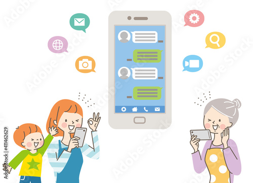 スマホでメールをするシニア女性と娘と孫