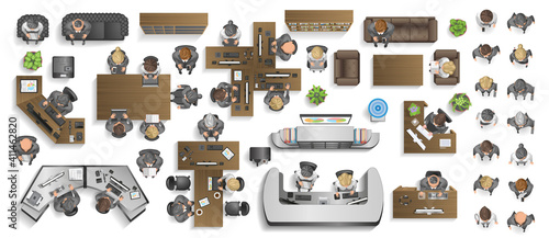 Vector set of office. People at work and office furniture. (top view) Desks, chairs, cabinets, sofas, computers, conference room, reception. Men and women in different poses. (view from above)