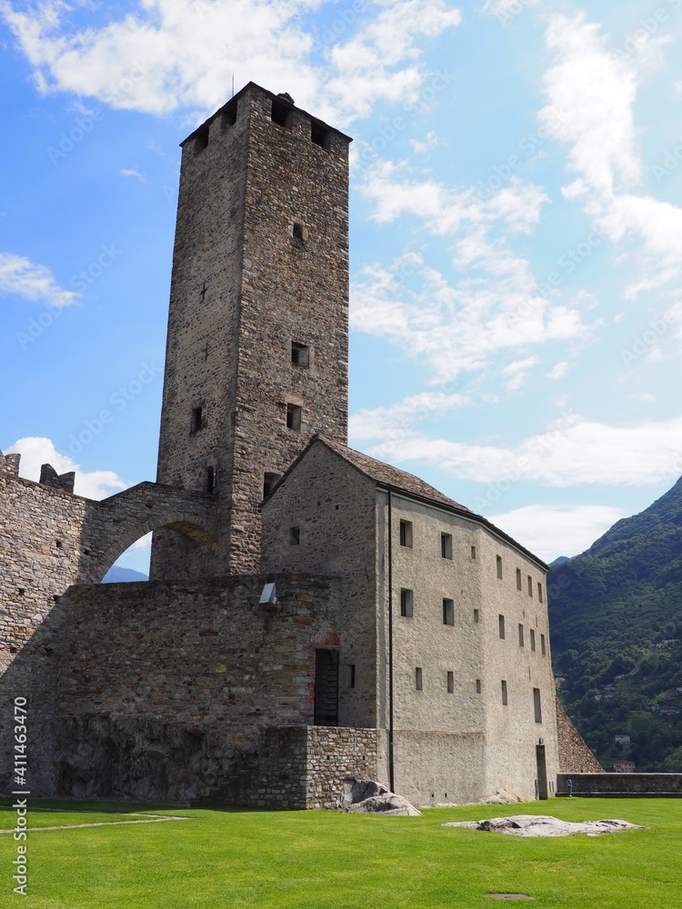 Stony tower of castel grande, Bellinzona city, Switzerland - vertical