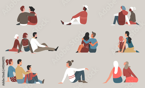 People sit together vector illustration set. Cartoon family with children and couple characters sitting and hugging, young and elderly man woman friends enjoy friendly meeting, happy community