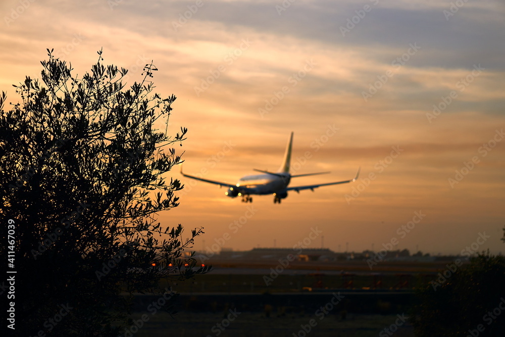 Un avión aterrizando en un atardecer naranja. Un avión aterrizando en un atardecer naranja.
