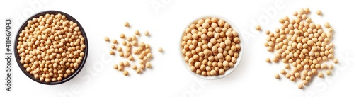 Bowl of soybeans isolated on white, from above photo