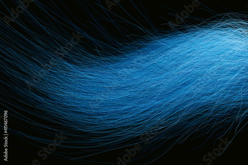 3D rendering of a closeup view of a bunch of blue hair in a wavy curved style, dark abstract background © Forance