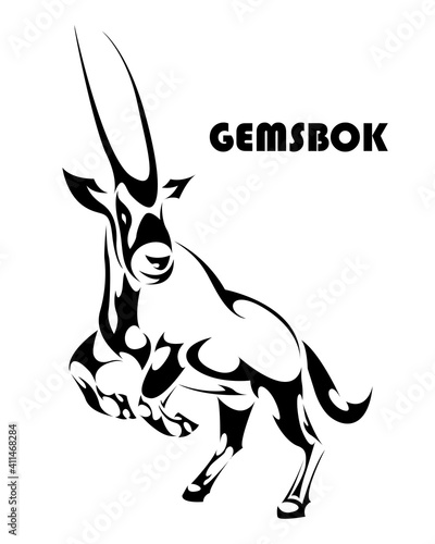 Vector illustration of a gemsbok raising two front legs to prepare to run. It looks strong and powerful. Suitable for use in logos or decorations.