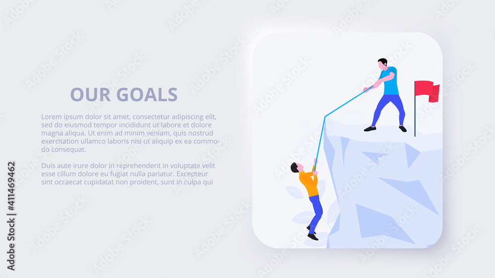 Neumorphism teamwork concept with people, mountain and flag. Flat vector illustration. Landing page template for web