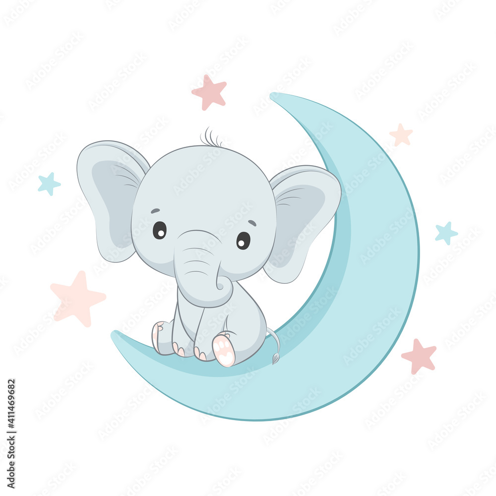 Vector illustration with cute elephant that seeting on the moon. Stock ...