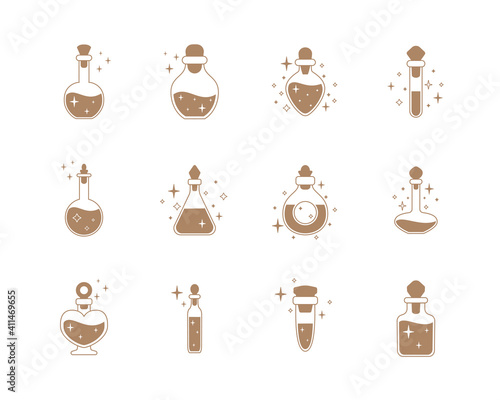 Set of bottles with magic potions. Vector illustration.