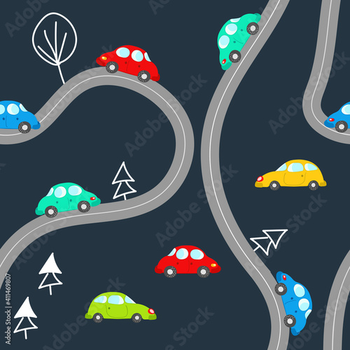 Seamless pattern with cute cars on blue background. Cartoot transport. Vector illustration. Doodle style. Design for baby print, invitation, poster, card, fabric, textile